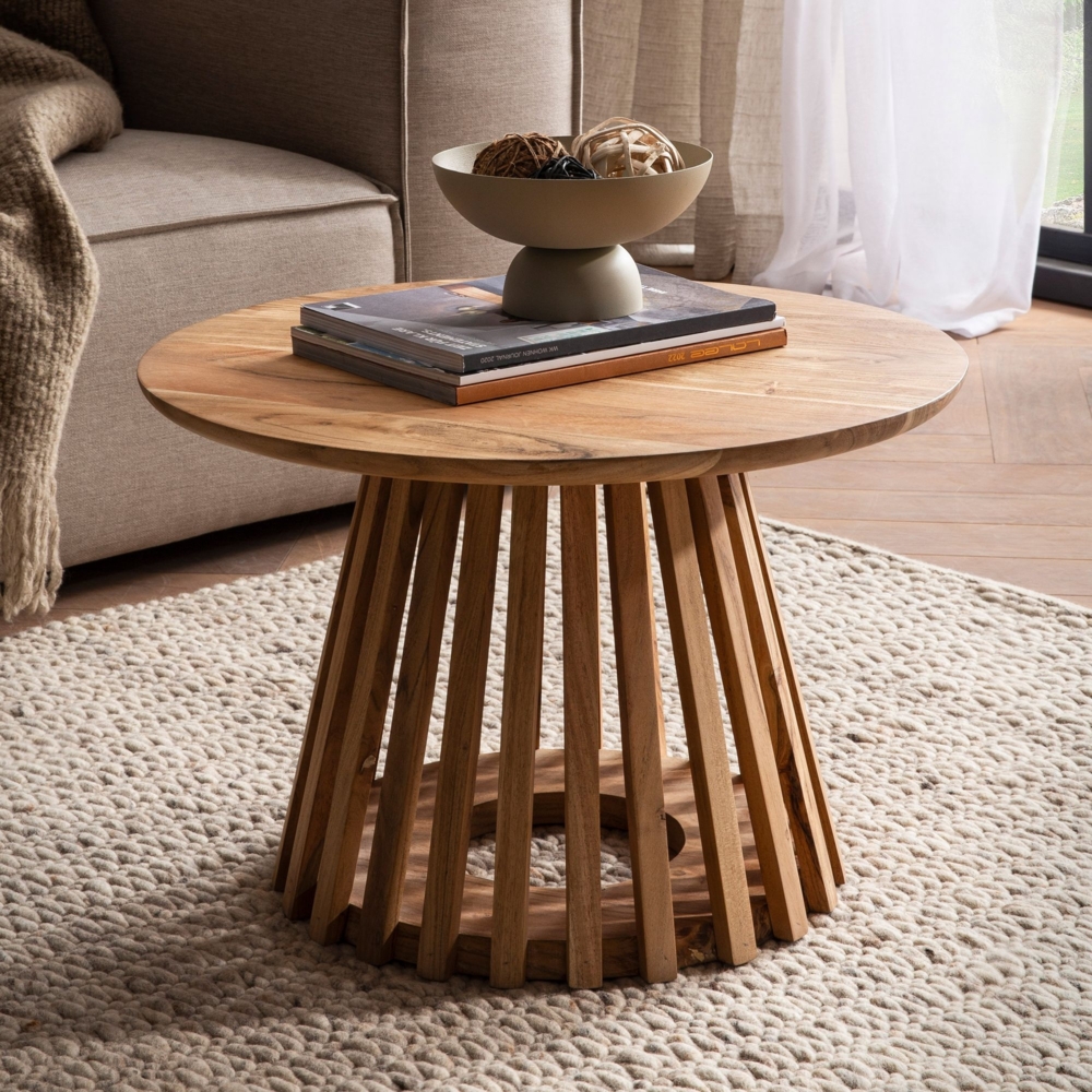 FINEBUY Couchtisch FB108494 (60x60x40 cm Sofatisch Akazie Massivholz Hellbraun), Wohnzimmertisch Rund, Kaffeetisch Modern Bild 1