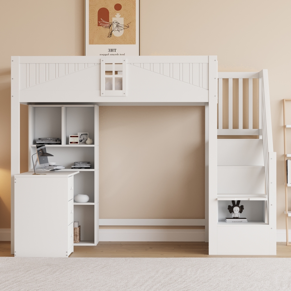 Bett 90x200 cm mit Stauraum und Sicherheitsgitter – Massivholz-Hochbett, Weiß Bild 1