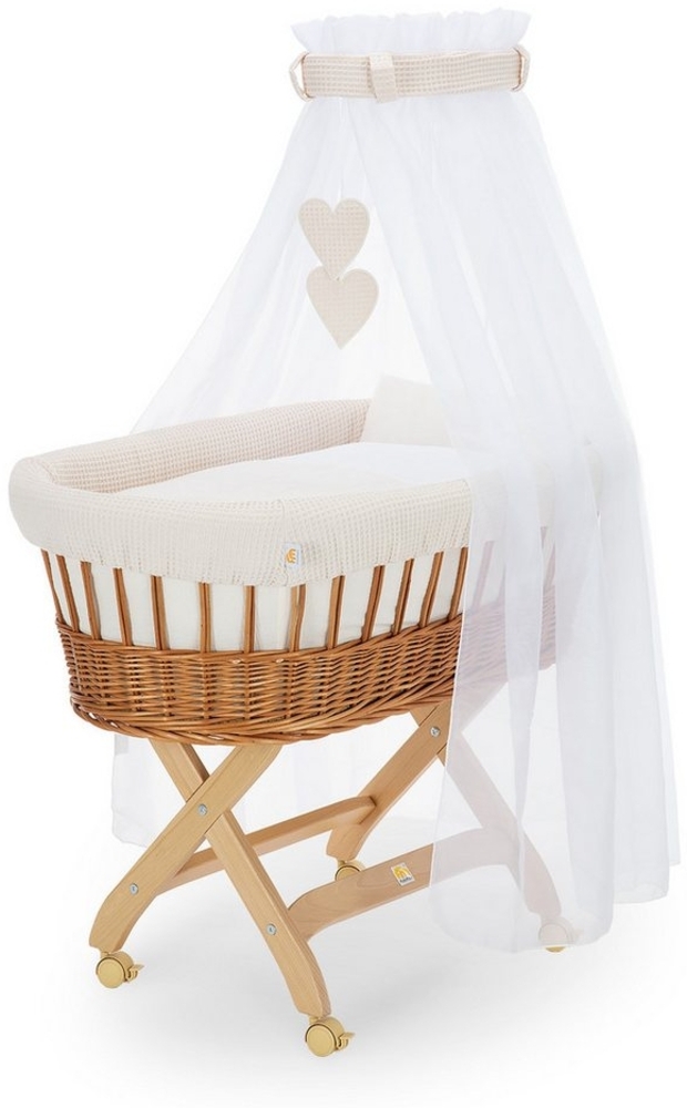 FabiMax Stubenwagen Natur, 2 in 1 Musselin / Waffelpiqué Komplettset Creme mit Decke und Kissen Bild 1