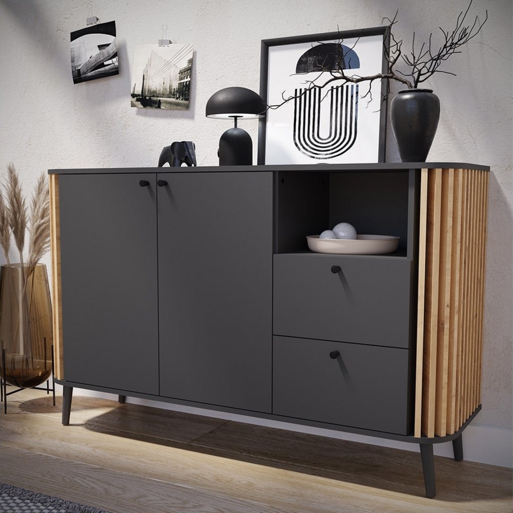 Lomadox Sideboard PONTS-158, grau Eiche Lamellen Retro Look Anrichte 138x87,5x40 cm Bild 1