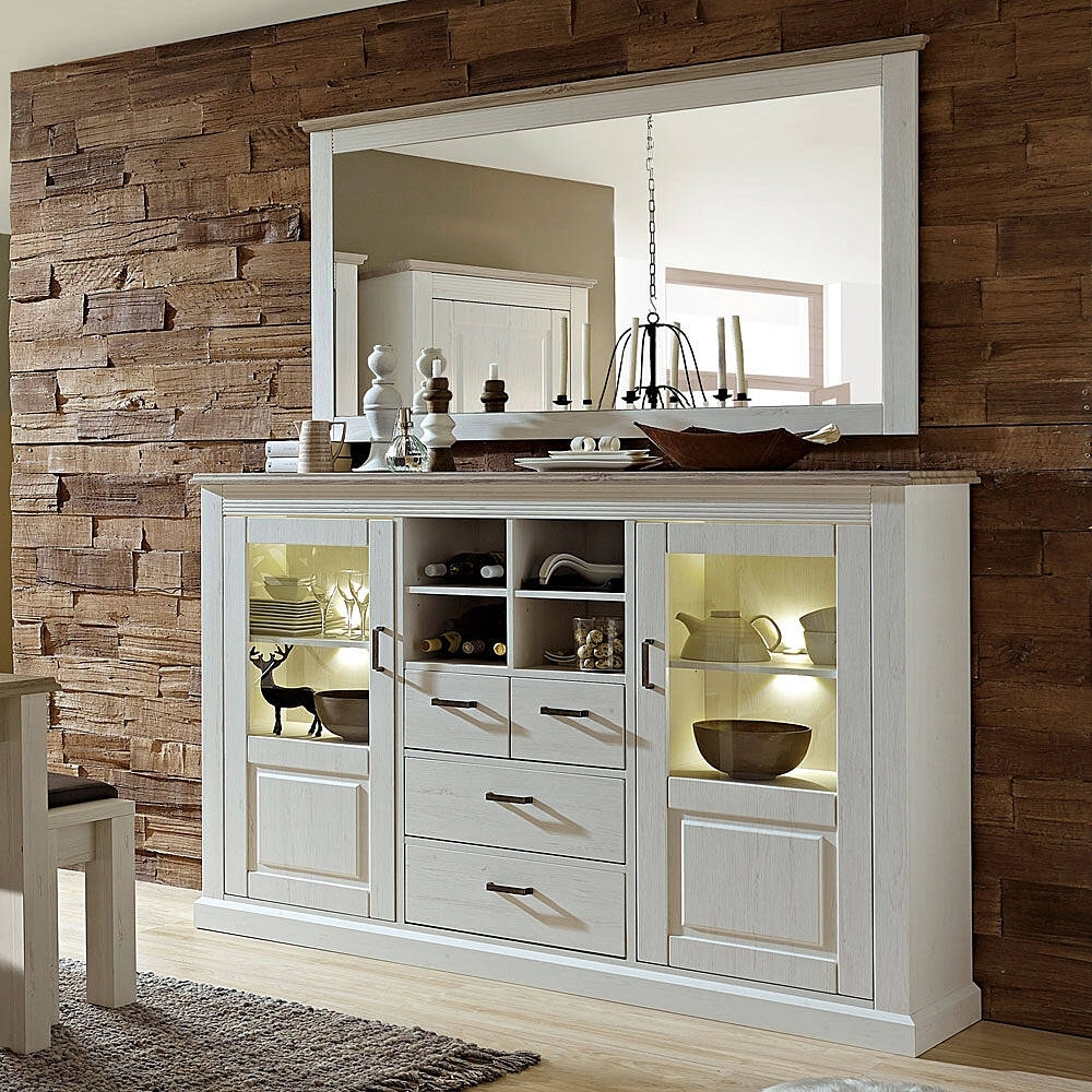 Landhaus Highboard inkl. LED mit Wandspiegel LEER-55 in Pinie weiß mit Abs. taupe, B/H/T ca. 348/204/52cm Bild 1