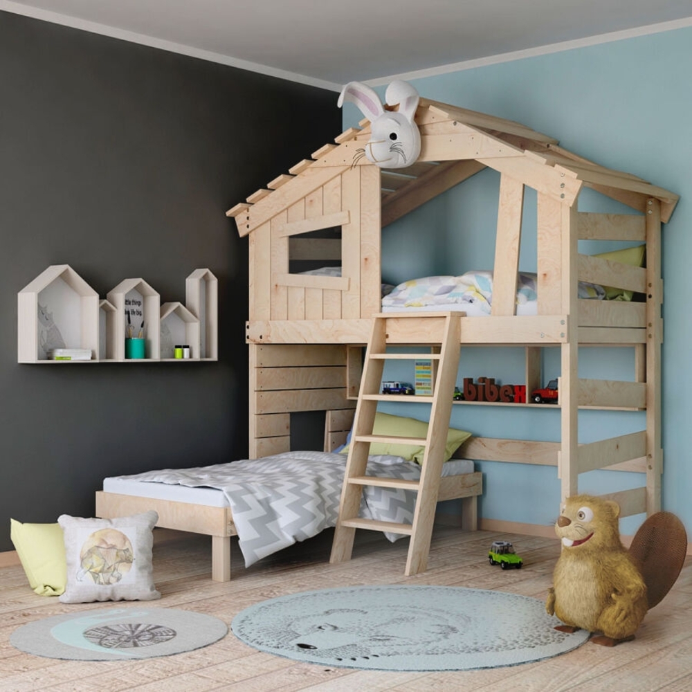 BIBEX ‘Alpin Chalet‘ Hochbett mit Unterbett und Regal, massive Kiefer, naturbelassen, 90 x 200 cm Bild 1