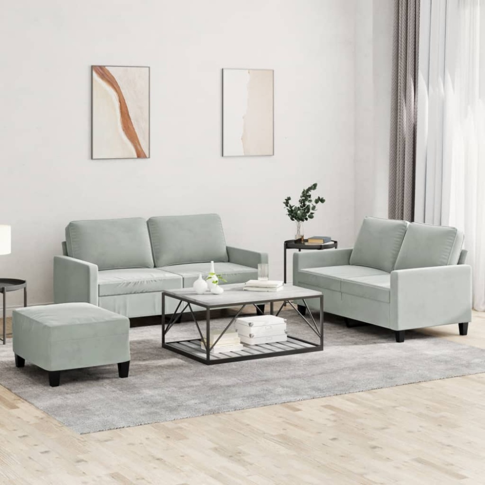 vidaXL 3-tlg. Sofagarnitur mit Kissen Hellgrau Samt 3201506 Bild 1
