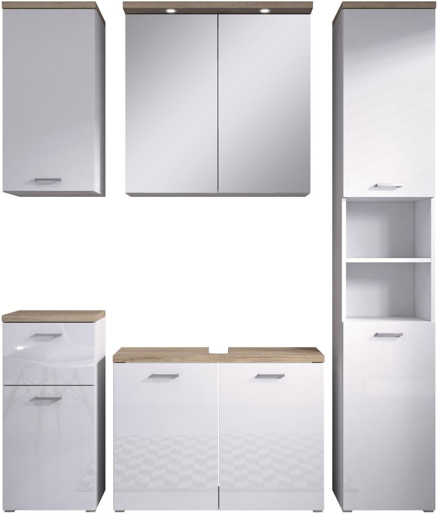 Badmöbel Set Prag 5 tlg. glänzend Weiß Spiegelschrank Waschbeckenschrank 80cm Bild 1