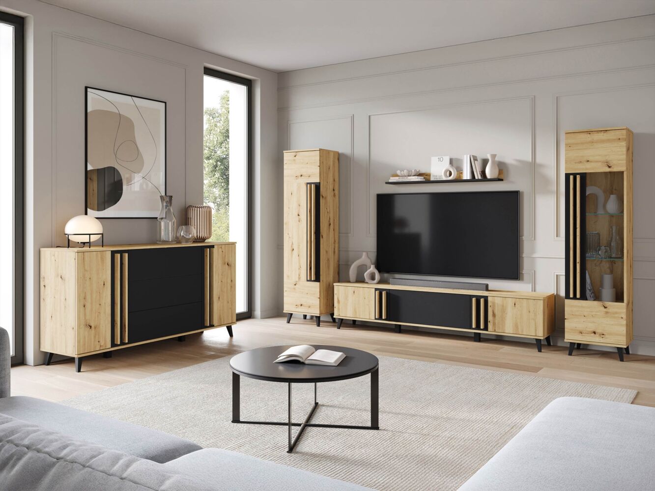 Wohnzimmer-Set Hailea IV (Farbe: Artisan Eiche / Schwarzer Graphit + Artisan Eiche, ohne Beleuchtung) Bild 1