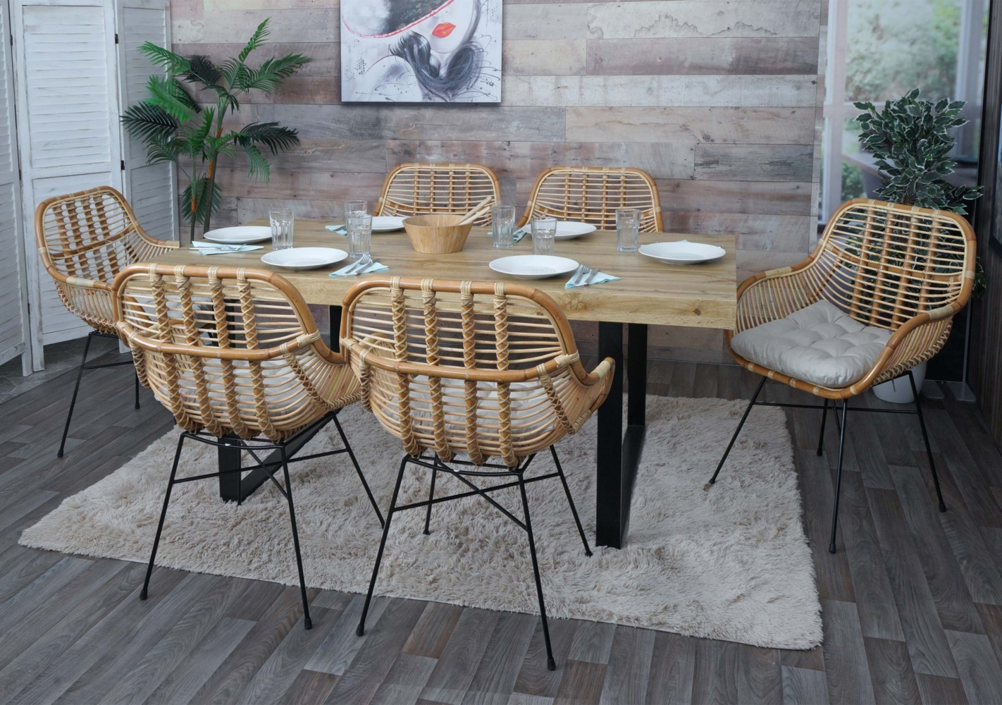 6er-Set Esszimmerstuhl HWC-P17, Küchenstuhl Korbstuhl Rattansessel Rattanstuhl Stuhl, Kubu Rattan Metall ~ Polster creme Bild 1