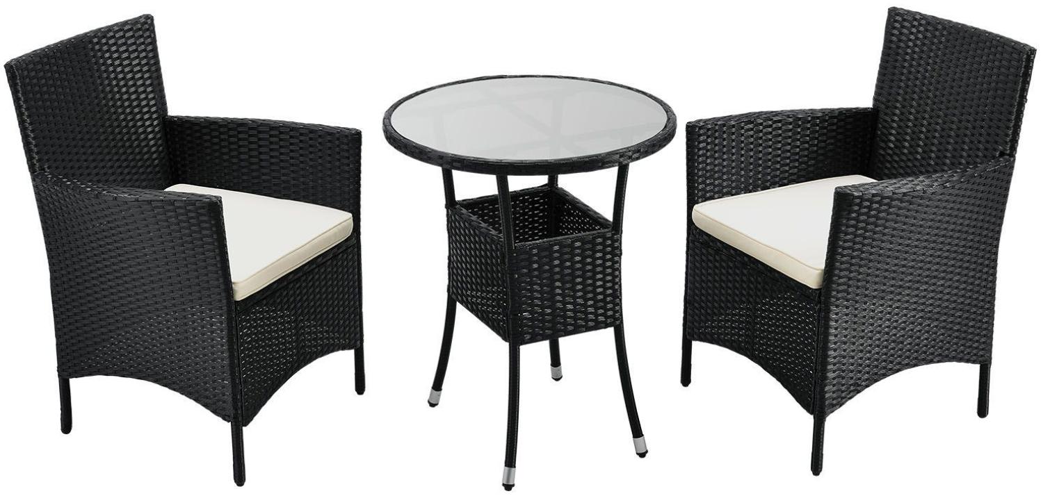 Juskys Polyrattan Balkon Set Bayamo 2 Personen – Tisch mit Glasplatte & 2 Stühlen – Wetterfeste Balkonmöbel – Auflagen waschbar – schwarz – creme Bild 1