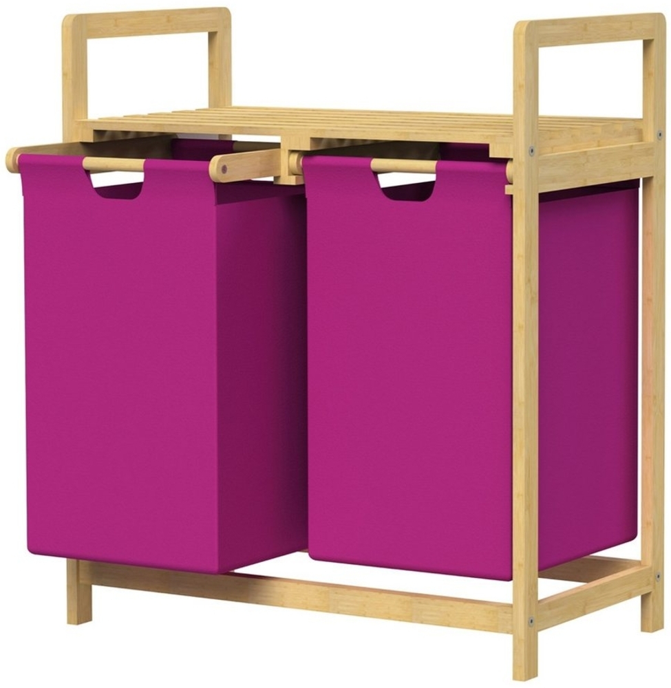 ML-DESIGN Wäschekorb Wäschebox mit 2 Fächern aus Bambus und Stoff für Badezimmer, Wäschesäcken 60L mit Stabiles Holzgestell Rosa 73 x 63 x 33 cm Wäschetruhe Bild 1