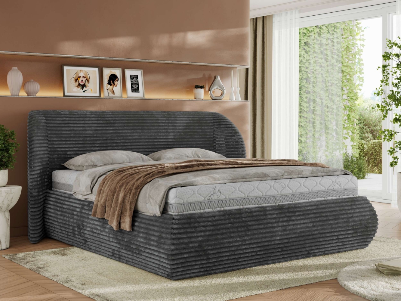 Polsterbett mit Lattenrost, Doppelbett Bettkasten, Bettgestell mit Gasdruckfeder Multipocket Matratze Härtegrad H3/H4 - CAELA CLASSIC - 200 x 200 cm - Grau Cord - ELORI LUX Bild 1