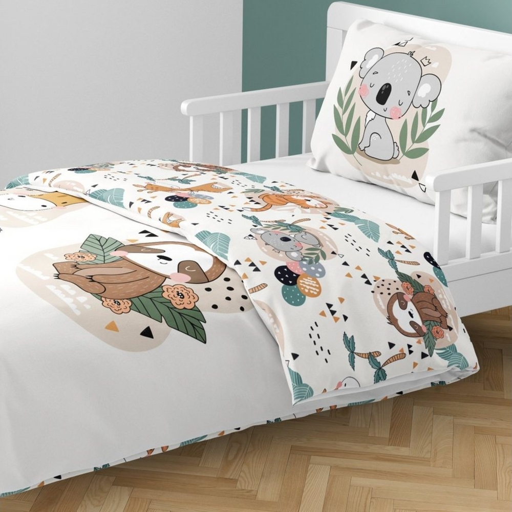 MTOnlinehandel Babybettwäsche Tiere Koala Tiger Giraffe Faultier 100x135 + 40x60 cm, 100 % Baumwolle, Renforcé, 2 teilig, süße Kleinkinderbettwäsche mit Reißverschluss Bild 1