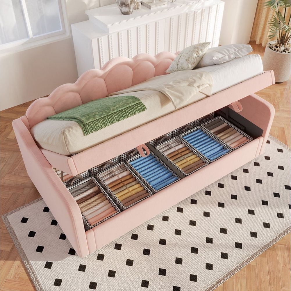 TavilaEcon Boxspringbett Schlafsofa, Hydraulisch Bett mit Stauraum, ohne Matratze, mit farbwechselbarem LED-Streifen, 90x200cm, rosa Bild 1