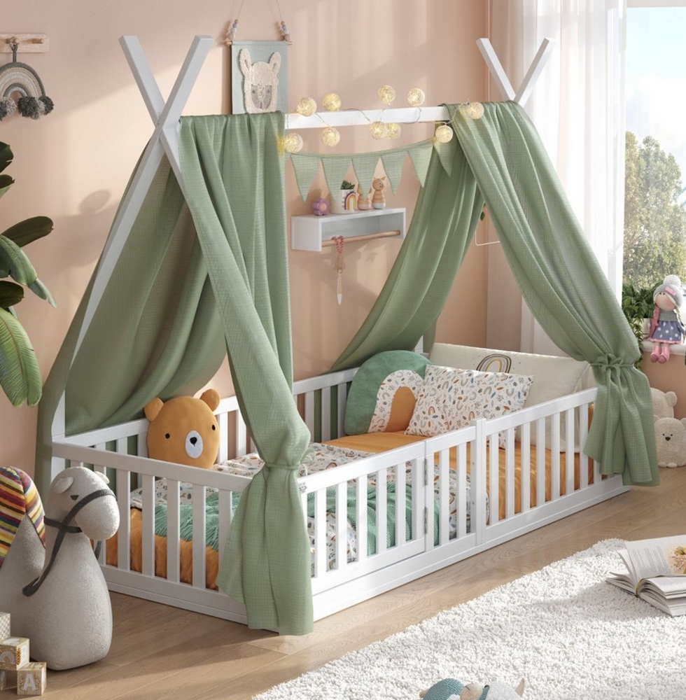 Alavya Home® Kinderbett Hausbett Bodenbett SKY SET mit Tür, Deko und Matratze (Hausbett 80x160 cm SET mit Tür, Decoration Khaki, Matratze, Rausfallschutz & Lattenrost Kinderbett 80x160), bodentiefes Jugendbett weiß massiv BUCHE für Junge Mädchen Bild 1