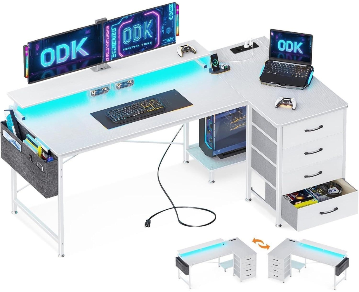 Eckschreibtisch 160x80cm L-Form 4 Stoff Schubladen LED Gaming Tisch Bild 1