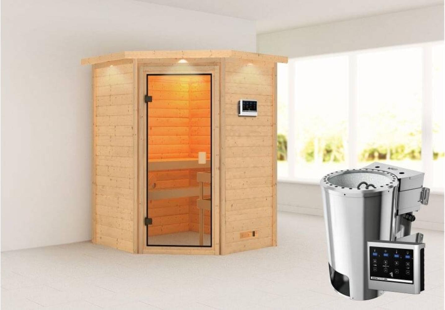 Karibu Ecksauna Antonia mit Dachkranz + 3,6kW Plug&Play BIO Kombi-Ofen externe Steuerung Bild 1