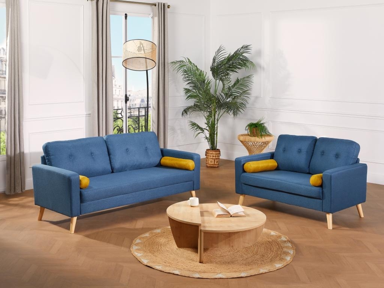 Vente-unique 'TATUM' 1x 2-Sitzer Sofa und 1x 3-Sitzer Sofa, Bouclé Stoff blau, 130 / 182 x 81 x 83 cm Bild 1