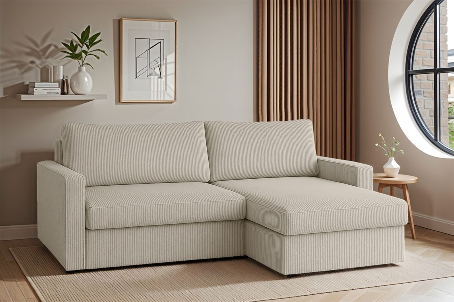 Ecksofa Sofa mit Schlaffunktion BENDIK Stoff Poso Altweiß Ottomane Rechts Bild 1