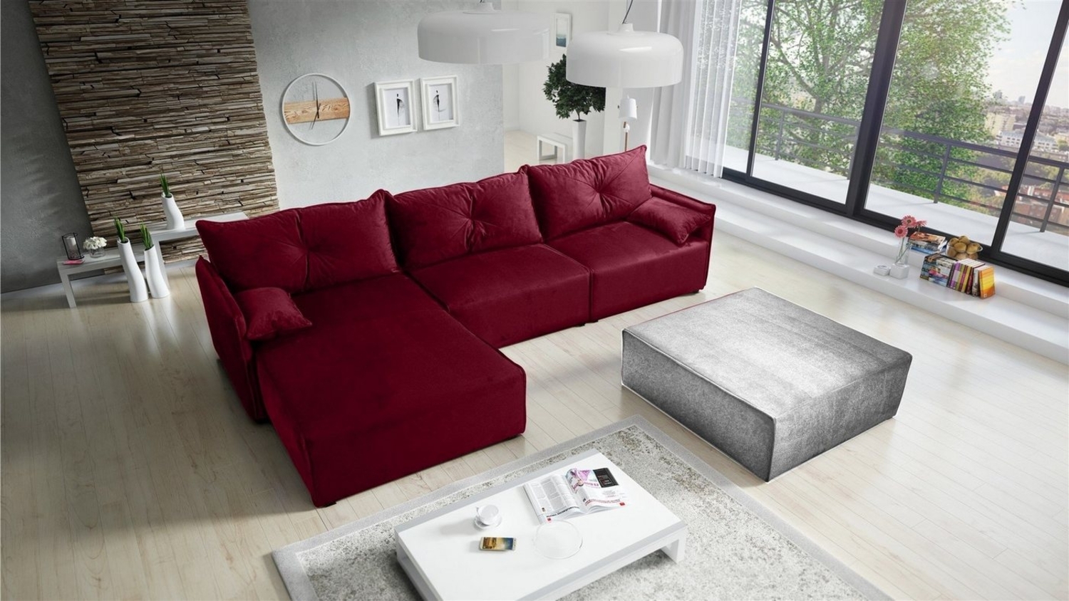 Ecksofa mit Schlaffunktion HUNTER in Stoff Royal Bordeauxrot Ottomane Links Bild 1