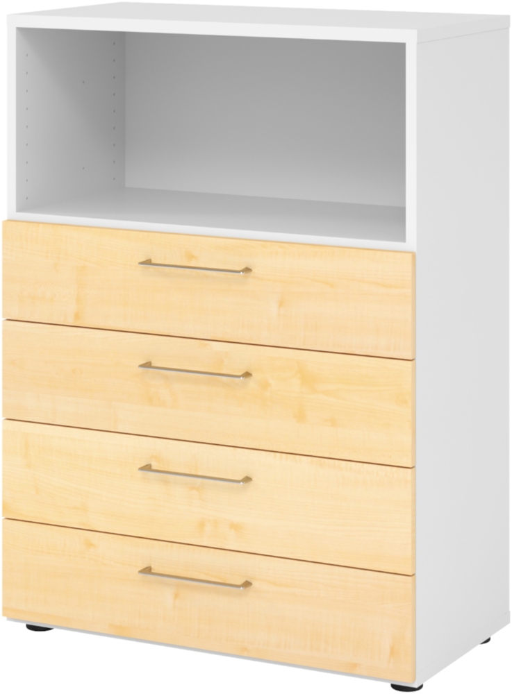 bümö smart Schubladenschrank, Büroschrank 80cm breit in Weiß/Ahorn mit 4 Schüben & 1 Regalfach - Bürocontainer aus Holz, Container mit Metallgriffen & Soft-Stop Schubladen, 938S4-W-3-BS Bild 1