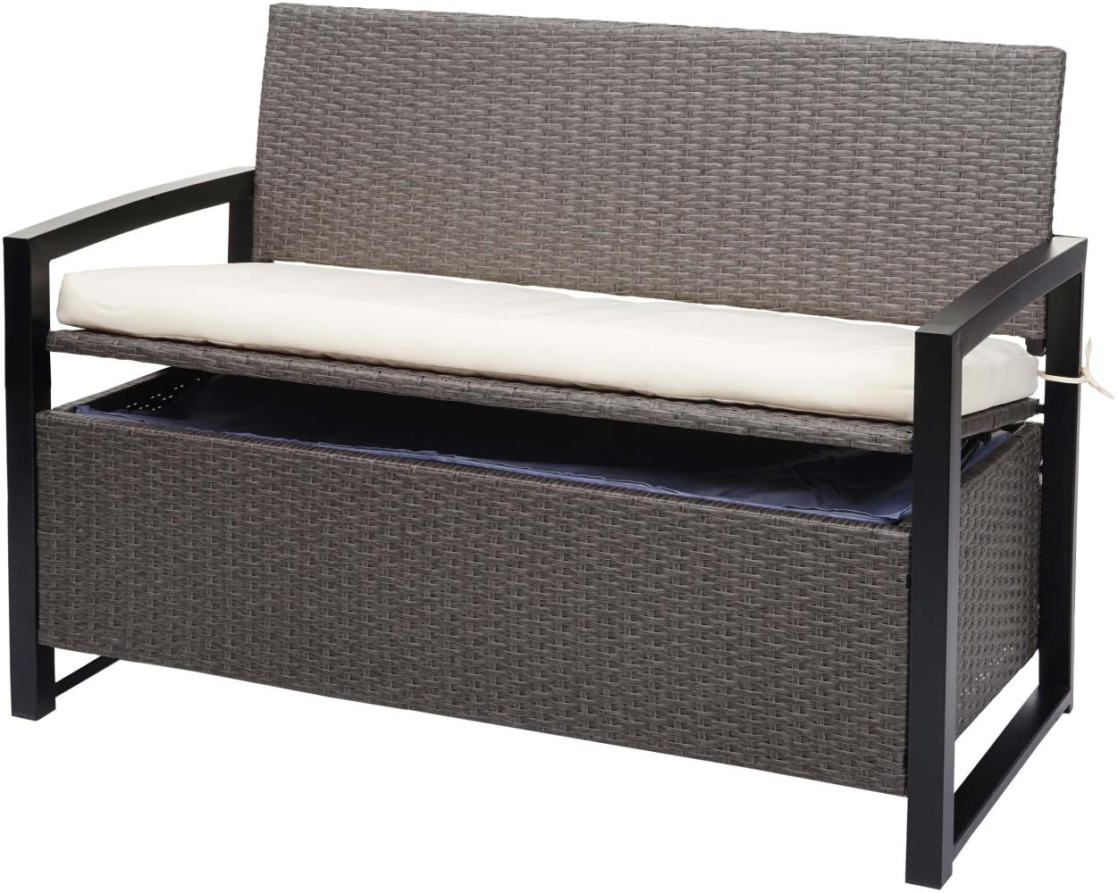 Poly-Rattan 2er Sitzbank HWC-F39, Gartenbank Truhenbank, Staufach Aufbewahrung Sitzkissen ~ grau-meliert, Kissen creme Bild 1