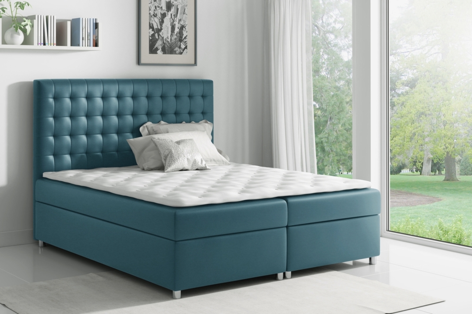 99rooms Fortuna Boxspringbett Velours 160x200 cm Türkis Bild 1