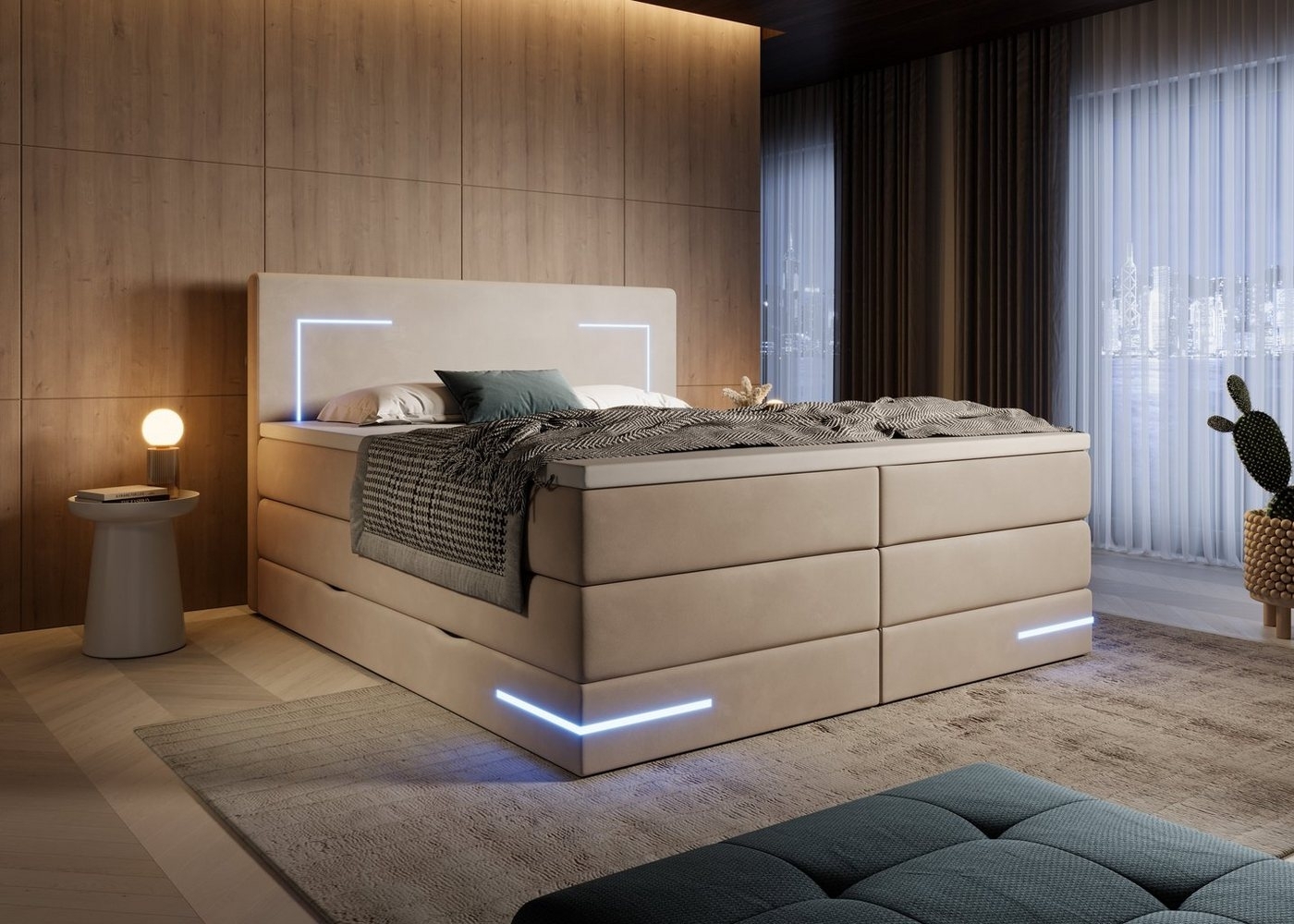 wonello Boxspringbett Detroit, Samt Bett mit LED Beleuchtung, Bettkasten und Topper Bild 1