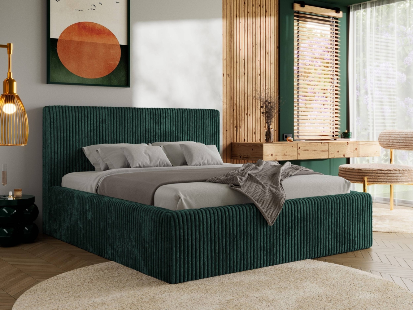 Polsterbett mit Stauraum Lattenrost TILIANO CLASSIC Bett gepolstert Doppelbett mit Kopfteil Foam Matratze - 140x200 cm - Dunkelgrün Cord - MIRO LUX Bild 1