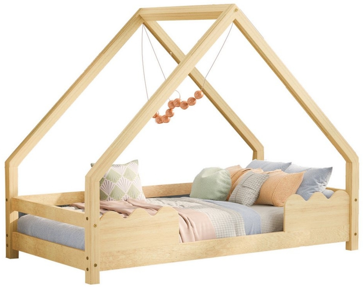 Ulife Hausbett Kinderbett Einzelbett Bettrahmen Holzbett mit Rausfallschutz, Spielbett, Wellenförmiger Zaun,90*200cm Bild 1