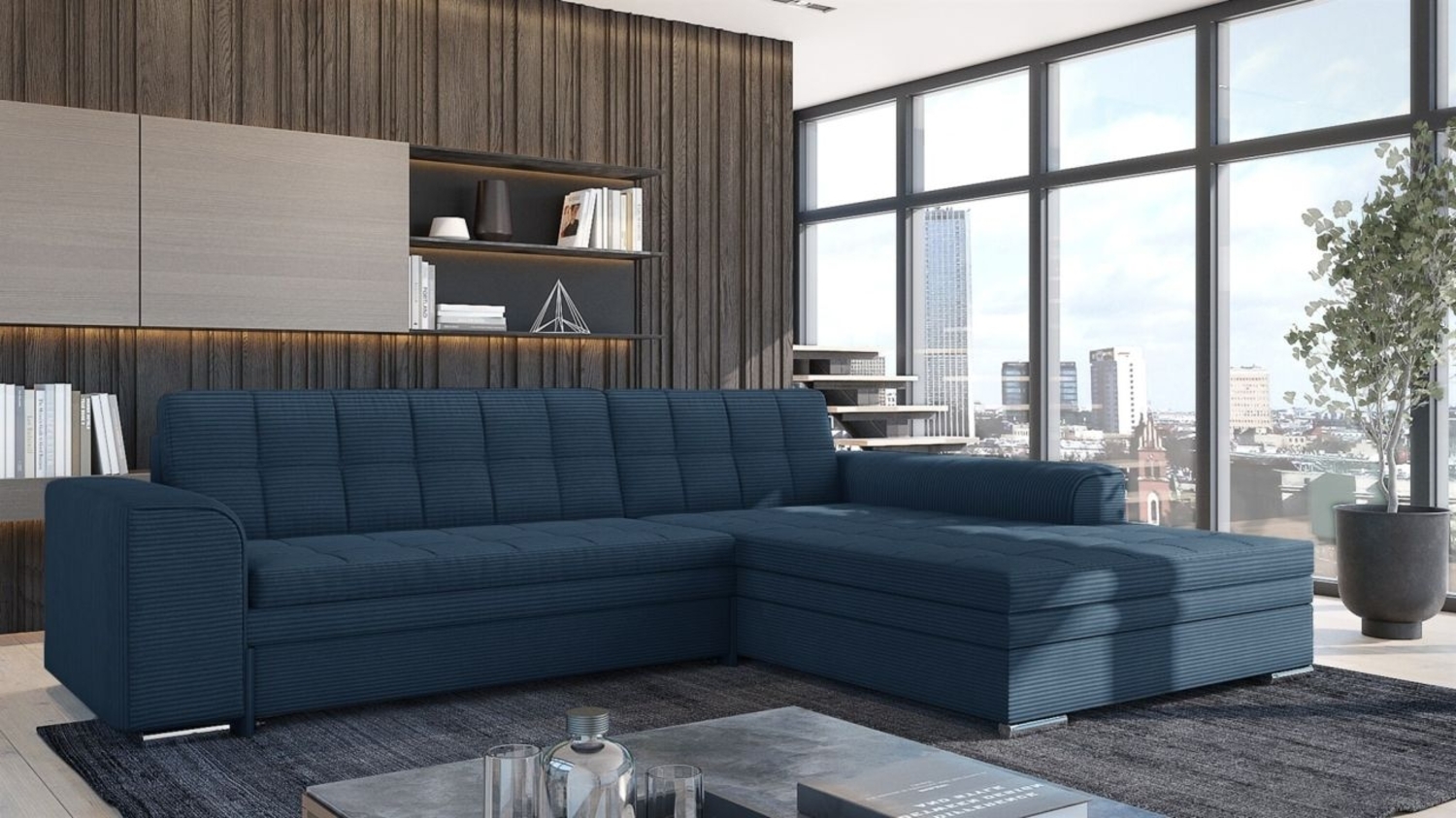 Ecksofa Schlafsofa Sofa LUSAKA in Stoff Lincoln Dunkelblau Ottomane Rechts Bild 1