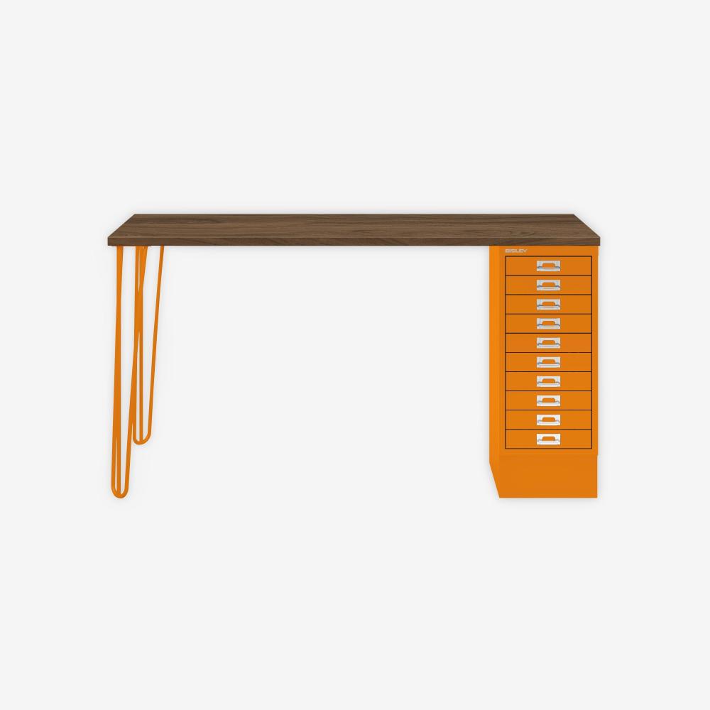 MultiDesk, 2 Stahlfüße, 1 MultiDrawer mit 10 Schüben, Dekor Nussbaum, Farbe Orange, Maße: H 740 x B 1400 x T 600 mm Bild 1