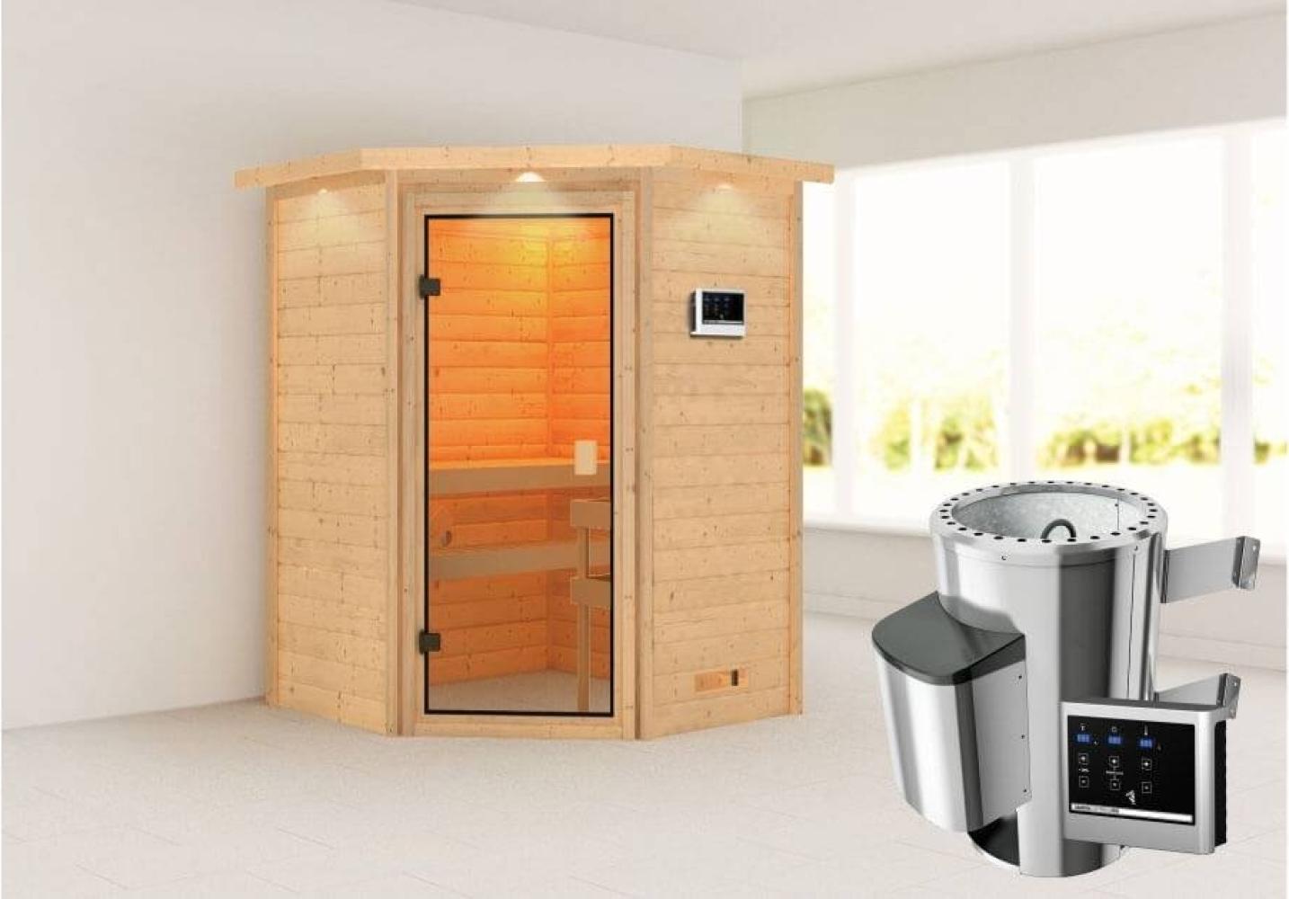 Karibu Ecksauna Antonia mit Dachkranz + 3,6kW Plug&Play Ofen externe Steuerung Bild 1