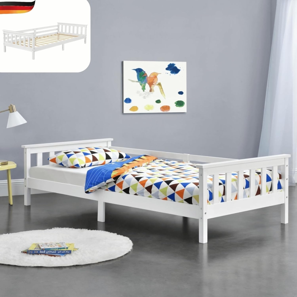 DELUKE® Kinderbett KUNA - mit Lattenrost Kiefernholz Stauraum unterm Bett Einzelbett Gästebett Hausbett Kinderzimmer Bodenbett Montessori Bett Weiß 90x200 cm Bild 1