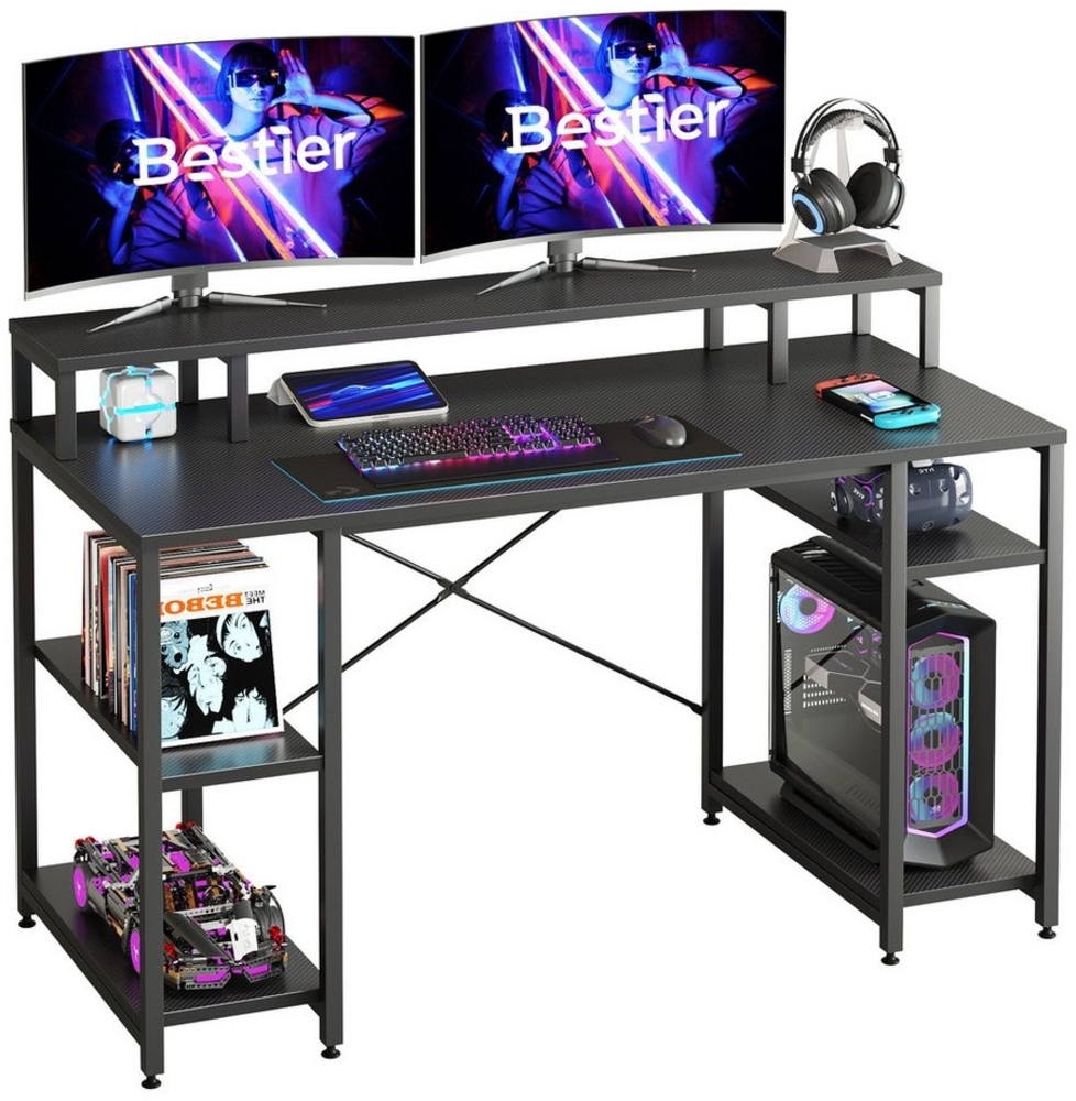 Bestier Schreibtisch Computertisch mit Regal und Monitorständer (140 x 60 x 86 cm Reversibel Tisch, 1 Tisch), Gamingtisch für Homeoffice Bild 1
