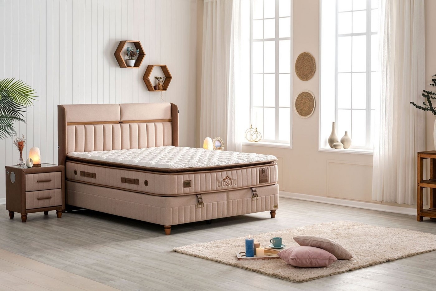 Pointhome Boxspringbett Set, Biosalt, Kopfteil mit USB-Port & LED, Matratze mit Topper, H3 (1 x H3 Mittelfest Matratze, 2 x Bettkasten, 1 x Bettkopfteil), Steinsalztherapie, Hyper-Schaum, Taschenfederkern, Matratzenhöhe: 33cm Bild 1