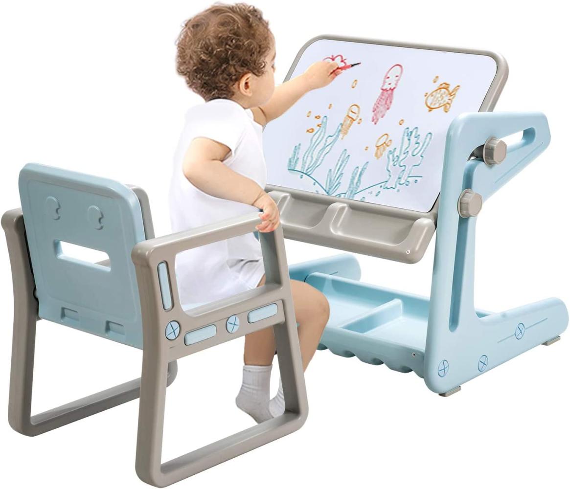 COSTWAY 2 in 1 Magnetische Maltafel und Zeichentisch, Kinderschreibtisch mit Hocker höhen- und neigungsverstellbarer Tischplatte, Kindersitzgruppe mit Stauraum für Kinder von 3-12 Jahren (Blau) Bild 1