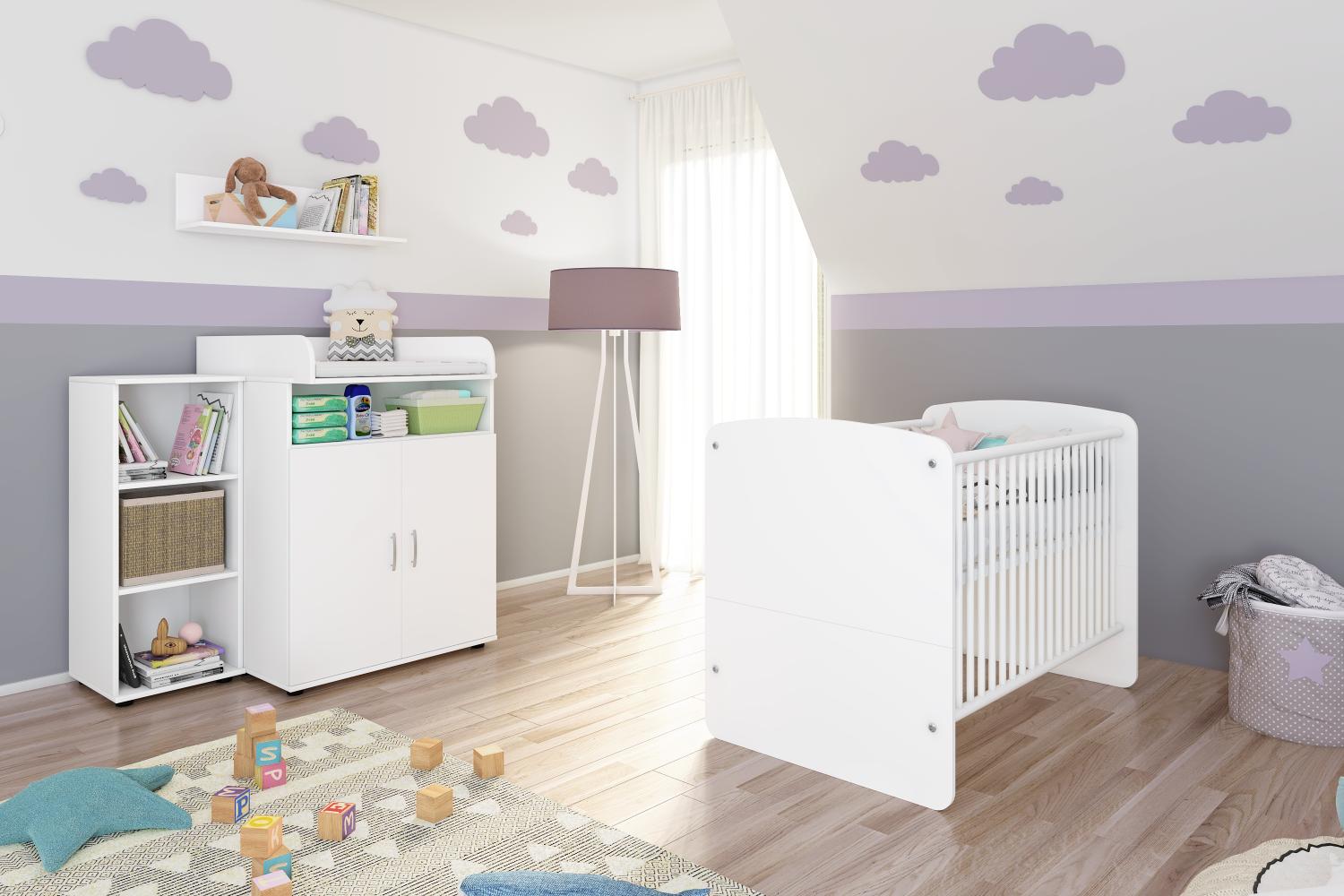 Lunis Set 2: best. aus Babybett, Kommode, Wickelaufsatz, Wandboard und Regal mit 3 Fächern Bild 1