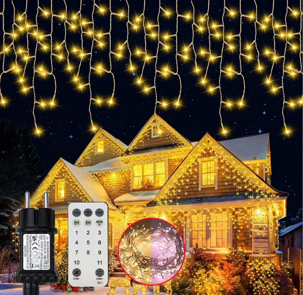 XERSEK LED-Hängeleuchte LED-Weihnachtslichterkette LED String Lichtervorhang Beleuchtung, [Fernbedienung, 2500K-6000K, IP44 Schützen, Memory-Funktion, 11 Leuchtfunktionen] Eiszapfenlichterkette Eisregenvorhang Fenster Vorhang Beleuchtung, Warmweiß, Kal... Bild 1