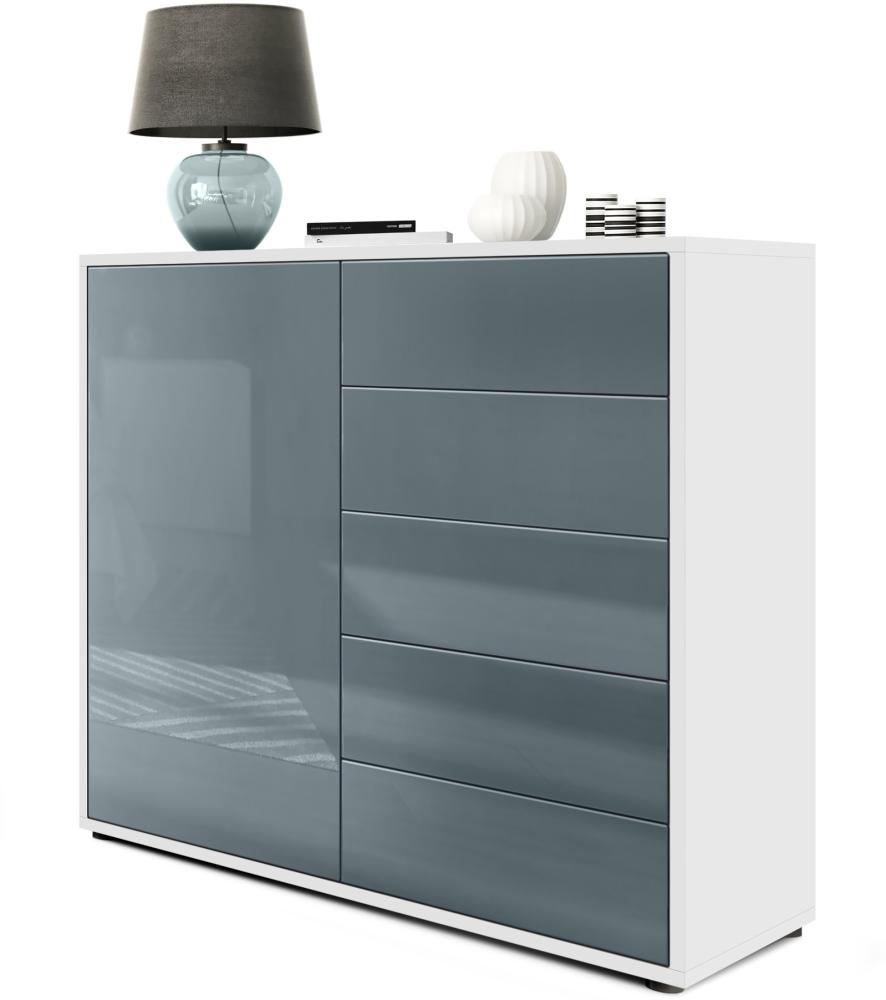 Vladon Sideboard Ben V2, Kommode mit 1 Tür und 5 Schubladen, Weiß matt/Grau Hochglanz (79 x 74 x 36 cm) Bild 1
