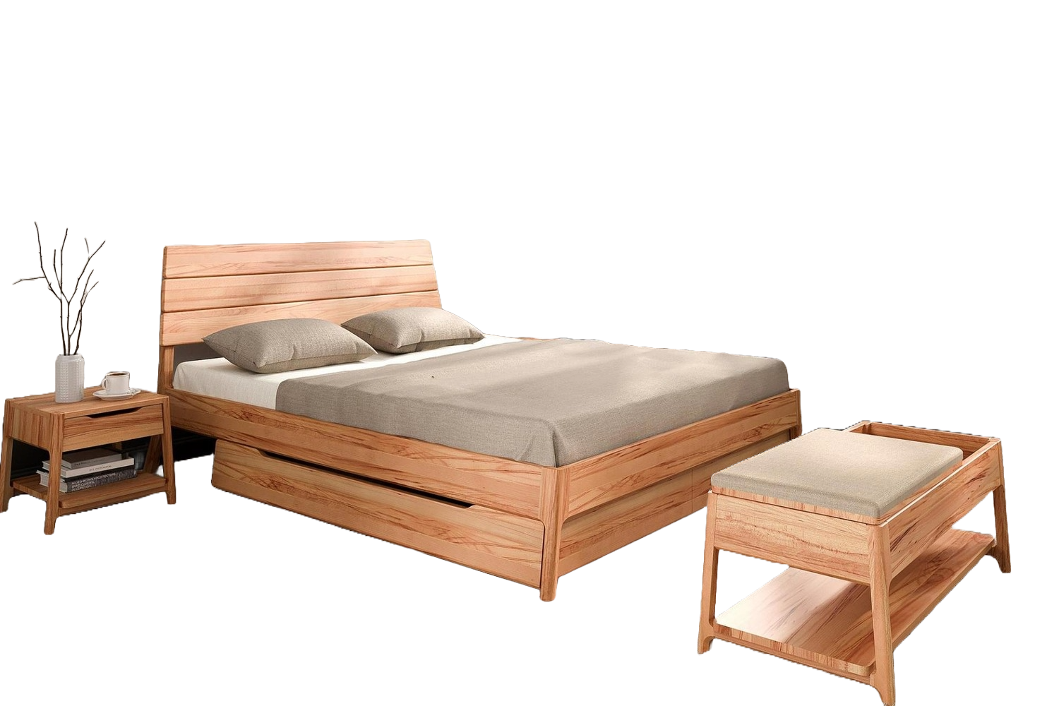 Bett Swig 1 Kernbuche massiv 80x200 mit Holzkopfteil und Holzbeinen Bild 1