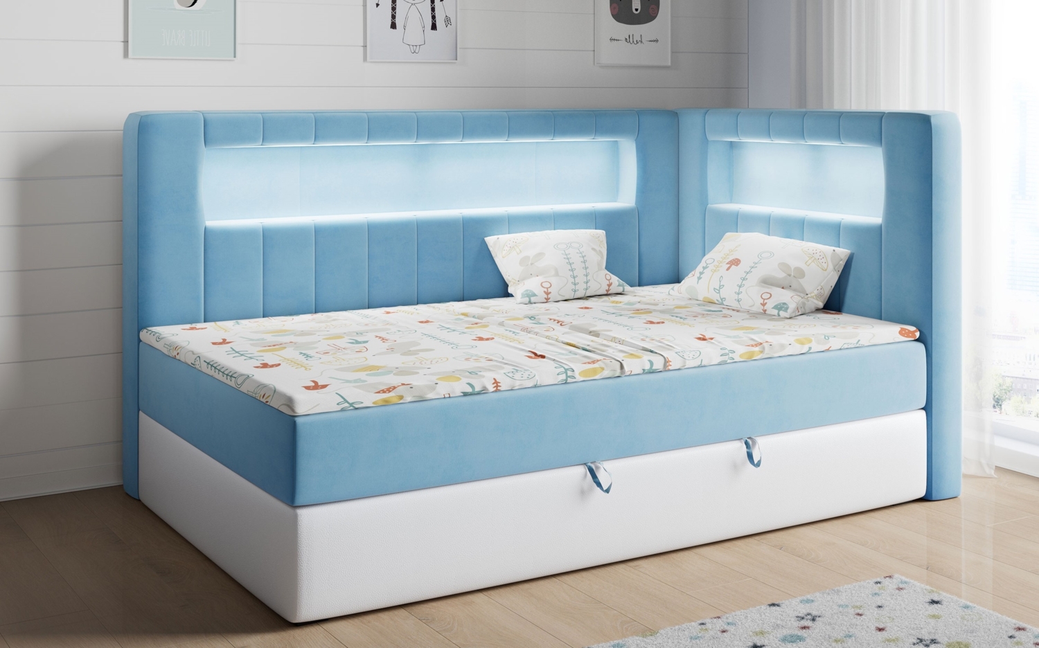 Boxspringbett mit LED, Einzelbett mit Bettkasten und Topper - JUNIOR GOLD 3 - 90x200 cm - Blau und Weiß - Rechte Seite Bild 1