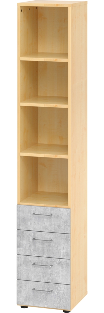 bümö smart Schubladenschrank, Büroschrank in Ahorn/Beton mit 4 Schüben & 4 Regalfächern - Bürocontainer aus Holz, Container mit Metallgriffen & Soft-Stop Schubladen, 964S4-3-M-BS Bild 1