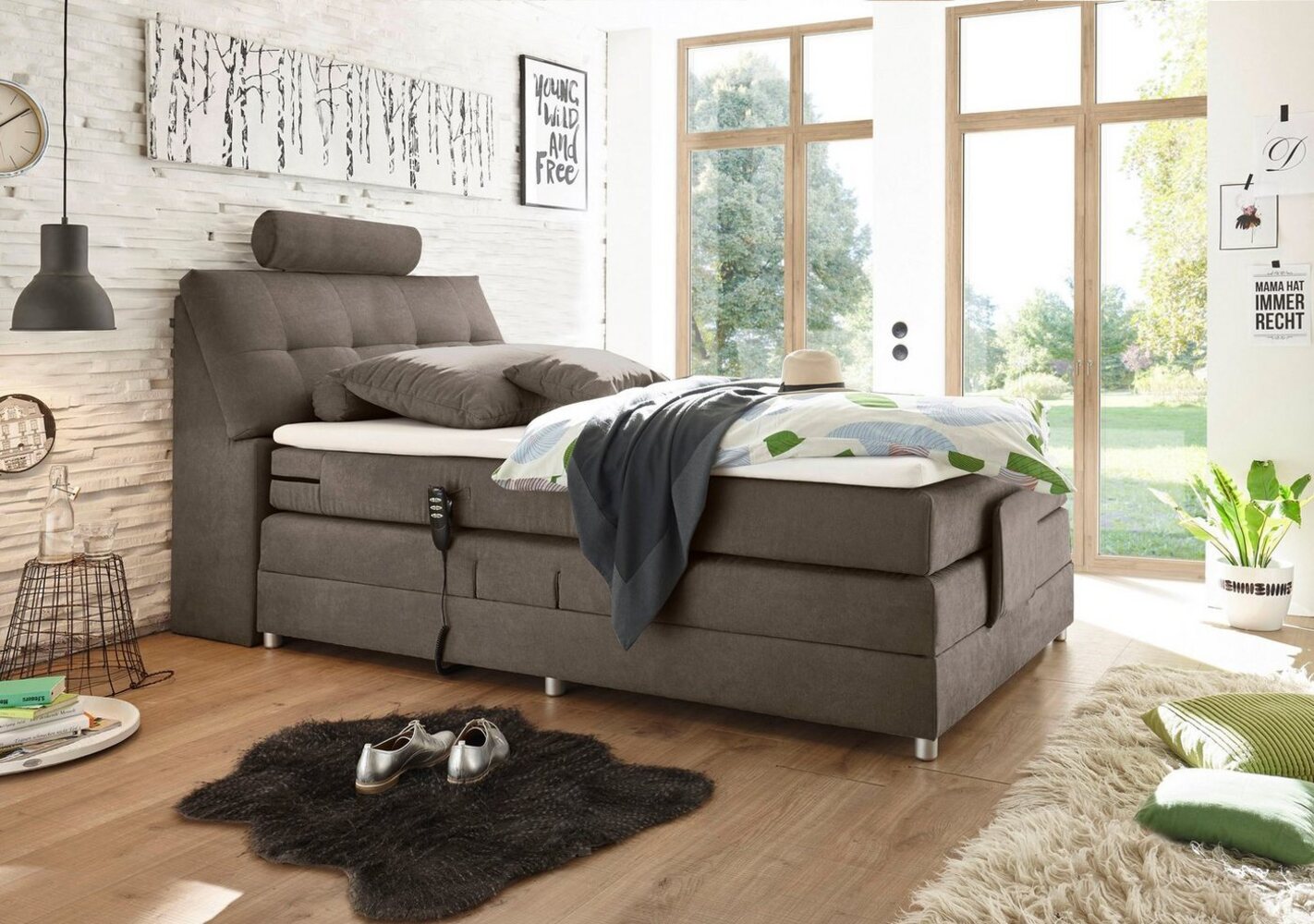 Palermo 2 Boxspringbett 120x200 elektrisch verstellbar, Stone - Bequemes Einzelbett mit dekorativer Steppung & Komfortschaum Topper - 120 x 127 x 234 cm (B/H/T) Bild 1