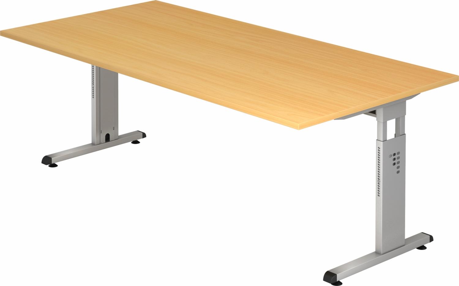 bümö höhenverstellbarer Schreibtisch O-Serie 200x100 cm in Buche, Gestell in Silber - großer PC Tisch für's Büro manuell höhenverstellbar, Computertisch verstellbar, OS-2E-6-S Bild 1