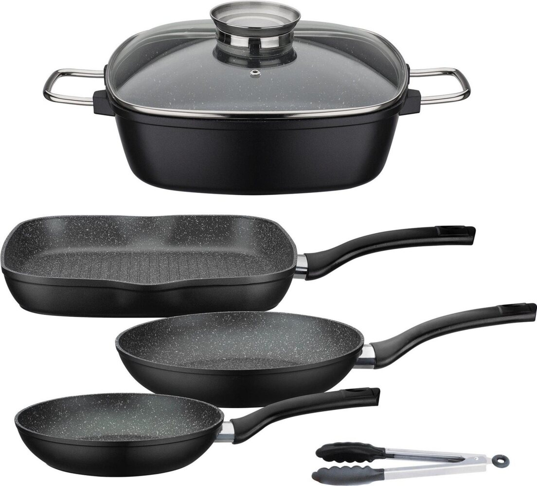 GSW Topf-Set Gourmet Granit, Aluminiumguss (Set, 5-tlg, 1 x Bräter, 1x Grillpfanne 28x28 cm, je 1x Bratpfanne Ø 20/24 cm), Induktion Bild 1