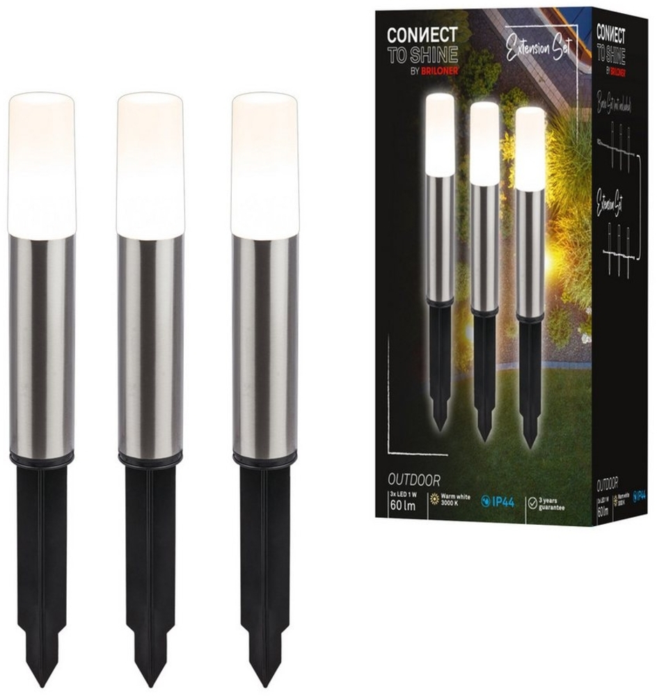 BRILONER - Connect to Shine 12V Gartensystem 3er Set LED Pollerleuchte mit Erdspieß, Erweiterungsset, IP44, warmweißes Licht, Gartenbeleuchtung, Wegeleuchten, 36,5x4 cm, Silberfarbig Bild 1