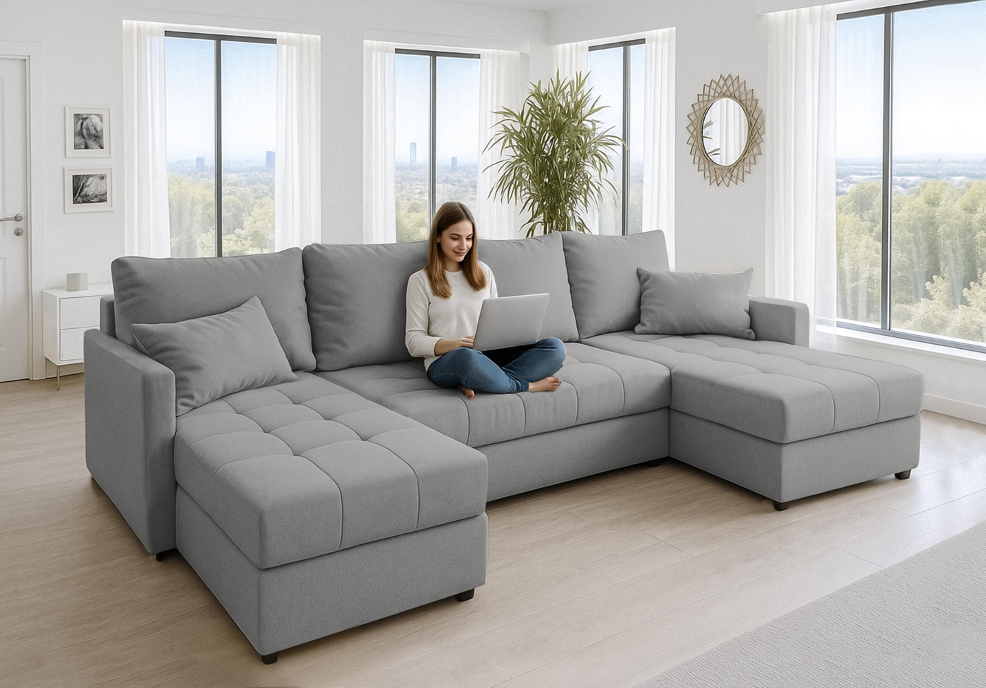 AX LIVING Ecksofas groß Dolceo 287 cm – Sofa grau mit Schlaffunktion & Ottomane Bild 1
