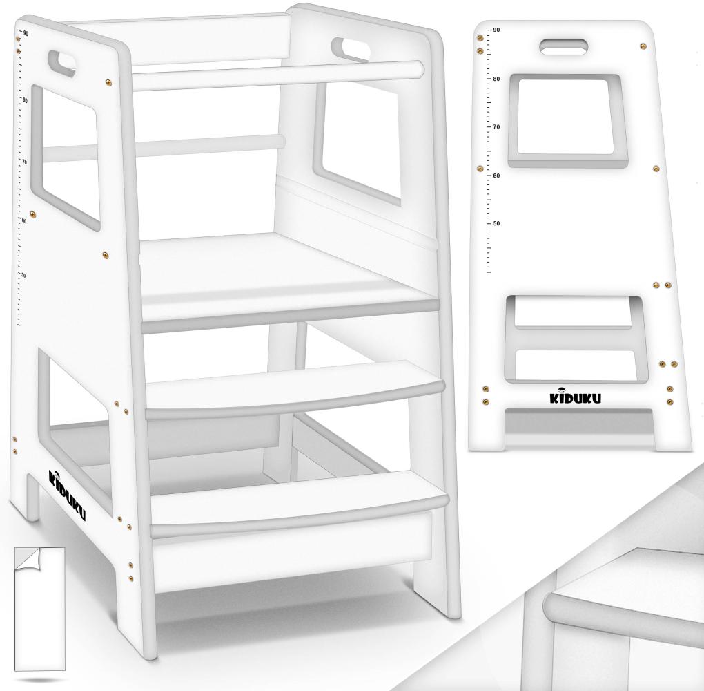 KIDUKU® Lernturm Weiß aus Holz ab 1 Jahr mit 4 Stück Antirutsch Pads | Montessori Kinder-Schemel für Kinder | Lerntower für höchste Sicherheit | Learning Tower für Mädchen & Jungen Bild 1