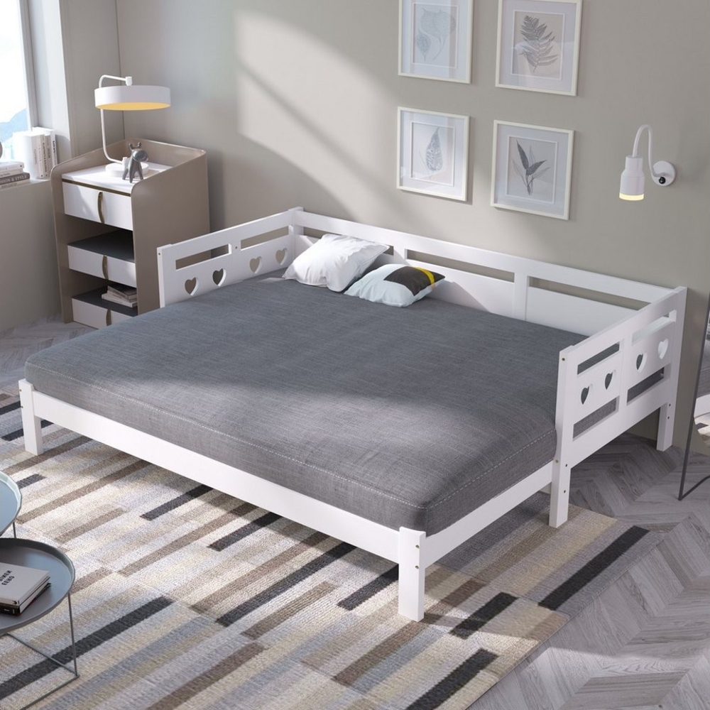 KLAM HOME Daybett Tagesbett aus massivem Kiefernholz Mit Ausziehbett und Rollbettgestell, Ausziehbares Bett Herzförmiges Bett 90*190cm Bild 1