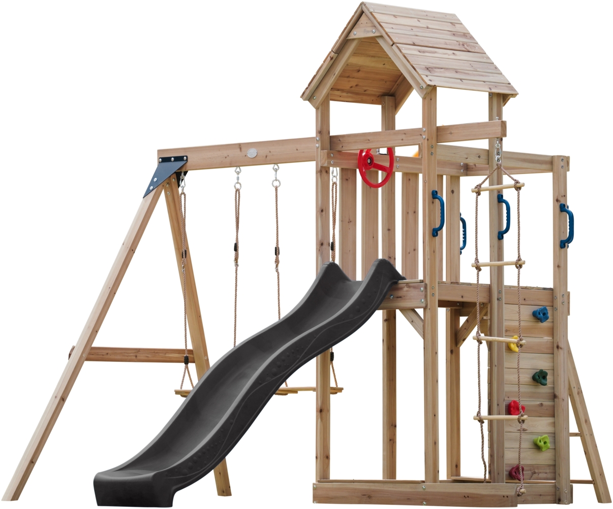 AXI Moos Spielturm aus Holz mit 2 Schaukeln & Strickleiter XXL Spielhaus / Spielplatz für Kinder mit Kletterwand, Sandkasten & Rutsche in Grau | Braun, Grau | Holz | 375 cm Bild 1