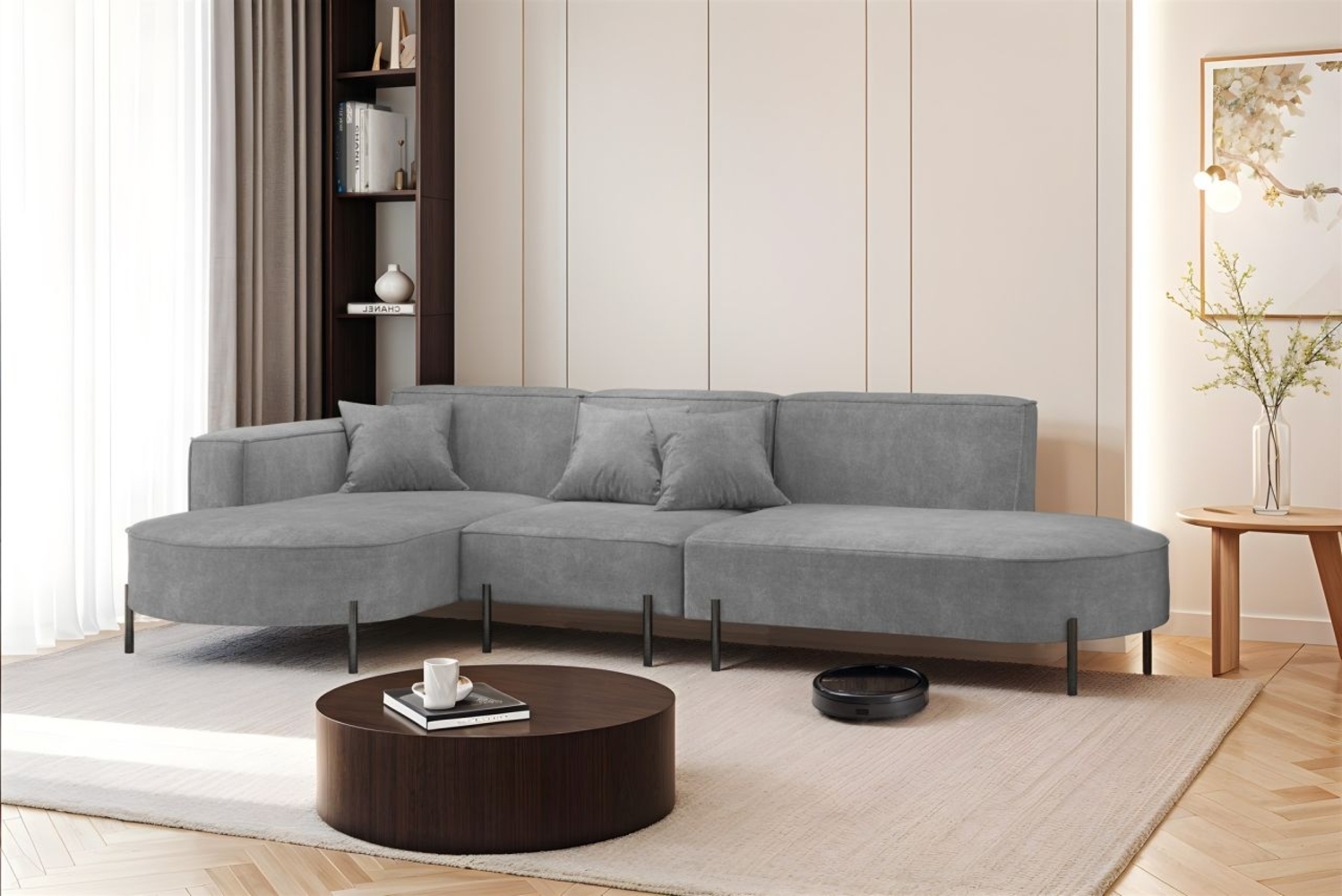 Ecksofa Designersofa VALENCIA in Stoff Noel Grau Ottomane Links Bild 1