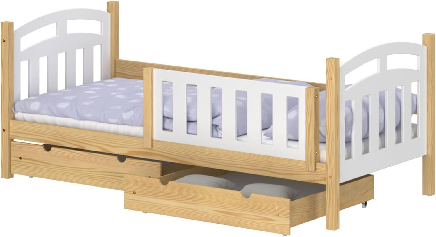 WNM Group Kinderbett mit Rausfallschutz Suzie - Jugenbett aus Massivholz - Bett mit 2 Schubladen für Mädchen und Jungen - Funktionsbett 200x90 cm - Natürliche Kiefer Bild 1